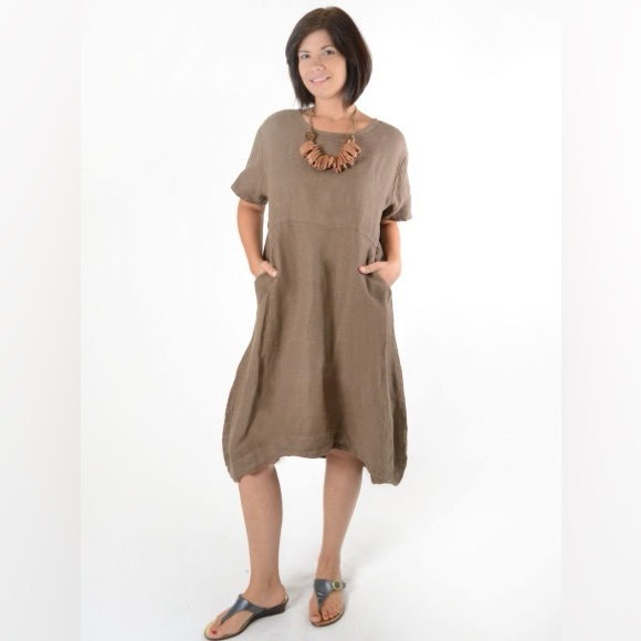 Bryn Walker Brown Linen Marina Short Sleeve Curved Hem Midi Dress Lagenlook - Picture 1 of 11